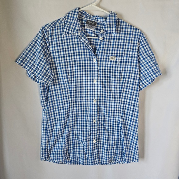 Jack Wolfskin Tops - Jack Wolfskin Womens Blue White Gingham Check Short‎ Sleeve Button Up Shirt Top